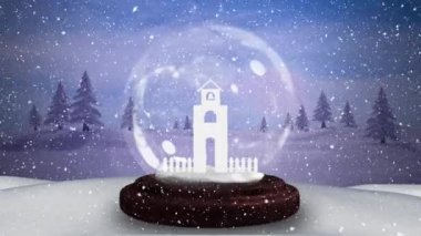Kilise kulesi ve arka planda kar yağan kış manzaralı kar küresi animasyonu. Noel kutlaması konsepti dijital olarak oluşturulmuş görüntü.