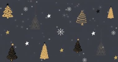 Gri arka planda kar yağarken asılı duran Noel ağaçları ve yıldız süslemelerinin animasyonu. Noel kutlaması konsepti dijital olarak oluşturulmuş görüntü.