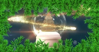 Kar küresi animasyonu. Mavi zemin üzerine düşen bir Noel ağacı ve kar. Noel kutlaması konsepti dijital olarak oluşturulmuş görüntü.