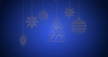 Mavi ve gümüş takılar ve mavi arka planda kar yağarken asılı süslemelerin animasyonu. Noel kutlaması konsepti dijital olarak oluşturulmuş görüntü.