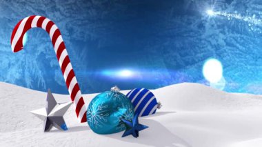 Yılbaşı hediyelerinin, şeker kamışlarının ve karın mavi arka planda düşüşünün animasyonu. Noel kutlaması konsepti dijital olarak oluşturulmuş görüntü.