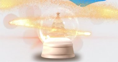 Kar küresi animasyonu. Yılbaşı ağacı ve kış manzarası. Arka planda kar yağıyor. Noel kutlaması konsepti dijital olarak oluşturulmuş görüntü.