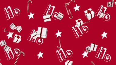 Yıldızlı, Noel şekerli ve kırmızı arka planda sunulan ho ho metinlerinin animasyonu. Noel kutlaması konsepti dijital olarak oluşturulmuş görüntü.