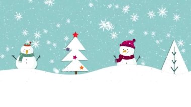 Mavi arka planda iki mutlu kardan adam ve Noel ağacı olan kış manzarasının animasyonu. Noel kutlaması konsepti dijital olarak oluşturulmuş görüntü.