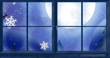 Noel Baba 'nın kızağındaki siyah siluetin animasyonu arka plandaki pencereden görülen dolunay ve kış manzaralı ren geyikleri tarafından çekiliyor..