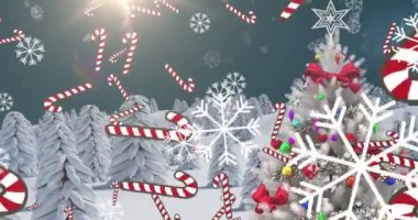 Noel ağacı animasyonu, şeker kamışı süslemeleri ve mavi arka plana düşen kar. Noel kutlaması konsepti dijital olarak oluşturulmuş görüntü.