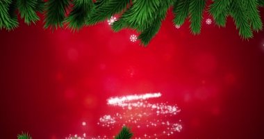 Kırmızı zemin üzerine kar yağan Noel ağacı ve köknar ağacı dalının animasyonu. Noel kutlaması konsepti dijital olarak oluşturulmuş görüntü.