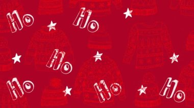 Ho, ho, ho metin, yıldızlar ve Noel şablonu kazakları ve kırmızı arka planda hareket eden şapkaların animasyonu. Noel kutlaması konsepti dijital olarak oluşturulmuş görüntü.