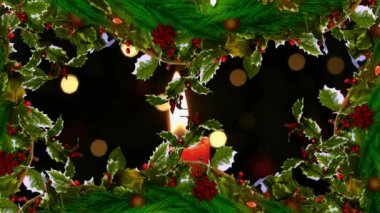 Siyah arka plandaki ışık noktalarıyla yanan mumun üzerindeki Noel çelenginin dijital animasyonu. Noel kutlaması geleneği