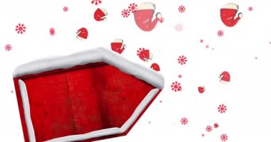 Karla kaplı kırmızı tabela, Noel Baba şapkaları ve beyaz zemine düşen kırmızı kar taneleri. Noel kutlaması konsepti dijital olarak oluşturulmuş görüntü.