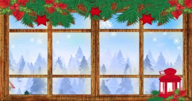 Köknar ağacı dallarının Noel süslerinin canlandırılması ve pencereden kar yağan kış Noel manzarası. Noel kutlaması konsepti dijital olarak oluşturulmuş görüntü.