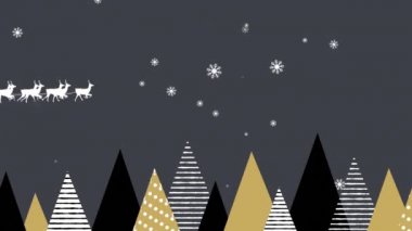 Noel Baba 'nın kızağındaki beyaz siluetin animasyonu gri arka planda kış manzaralı ren geyikleri tarafından çekiliyor. Noel kutlaması konsepti dijital olarak oluşturulmuş görüntü.