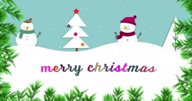 Kış manzarasında neşeli noel mesajlarının animasyonu. İçinde Noel ağacı ve iki kardan adam var. Mavi arka planda köknar ağacı dalları. Noel kutlaması konsepti dijital olarak oluşturulmuş görüntü.