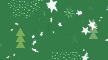 Yeşil arka planda düşen beyaz yıldızların ve noel ağaçlarının animasyonu. Noel kutlaması konsepti dijital olarak oluşturulmuş görüntü.