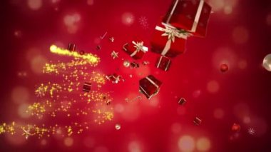 Noel ağacı animasyonu, baston şekerler ve kırmızı arka planda uçuşan hediyeler. Noel kutlaması konsepti dijital olarak oluşturulmuş görüntü.