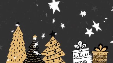 Yılbaşı ağaçları, hediyeler ve gri zemine düşen karların animasyonu. Noel kutlaması konsepti dijital olarak oluşturulmuş görüntü.
