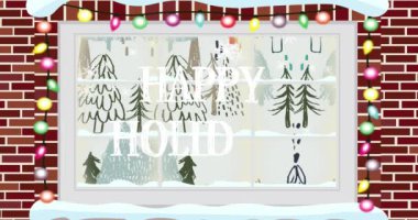 Kış manzaralı ve pencereden kar yağan mutlu tatil metinlerinin animasyonu. Yeni yıl ve Noel kutlamaları dijital olarak oluşturulmuş görüntü konsepti.