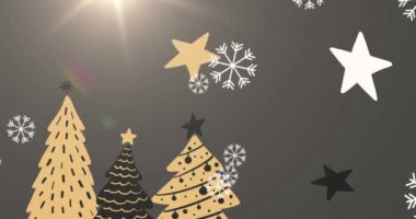 Noel kış manzarasının animasyonu. Parlak kahverengi arka planda Noel ağaçları ve kar yağıyor. Noel kutlaması konsepti dijital olarak oluşturulmuş görüntü.