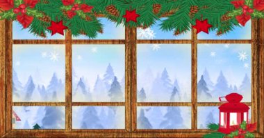 Kış mevsiminin siluetinin animasyonu. Kar yağışı ve pencereden görünen dolunay manzarası. Noel kutlaması konsepti dijital olarak oluşturulmuş görüntü.