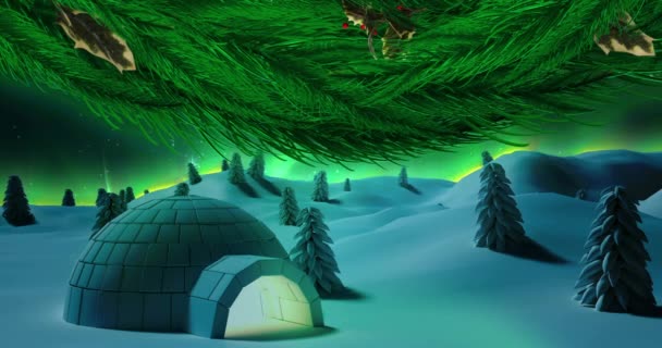 Animação Digital Decoração Grinalda Natal Contra Neve Caindo Sobre Iglu — Vídeo de Stock