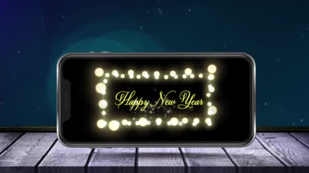 Animation Fireworks Exploding Happy New Year Text Fairy Lights Displayed — Stock Video