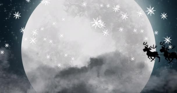 Animation Black Silhouette Santa Claus Sleigh Being Pulled Reindeer Winter — Stock Video