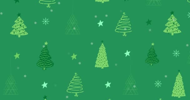 Animacja Choinek Gwiazd Migoczących Śniegiem Padającym Zielone Tło Koncepcja Święta — Wideo stockowe