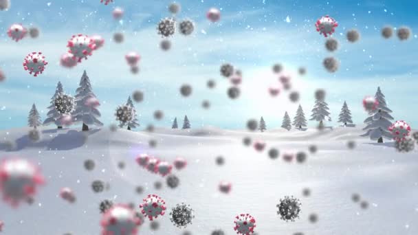Animace Buněk Covid Pohybujících Přes Zimní Scenérii Jedlemi Sněhem Padajícím — Stock video