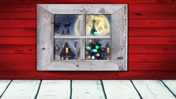 Digital Animation Wooden Window Frame Snow Falling Black Silhouette Santa — Stock Video