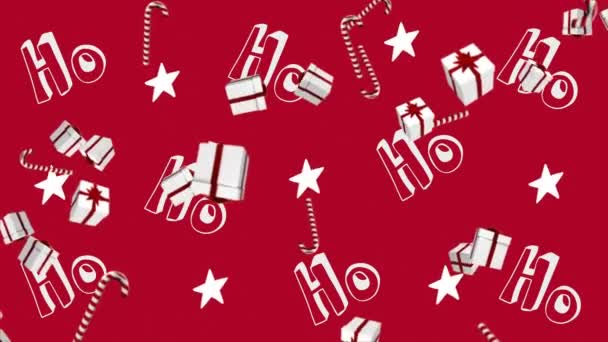 Animace ho ho ho textu s hvězdami a vánoční cukroví hole a dárky na červeném pozadí. vánoční slavnostní koncept digitálně generovaný obraz.