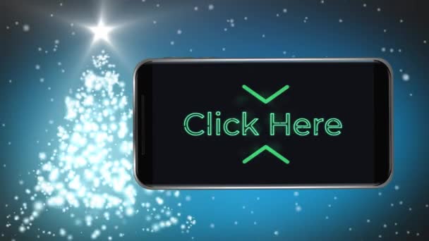 Digital Animation Klicka Här Neon Text Smartphone Skärm Mot Glödande — Stockvideo