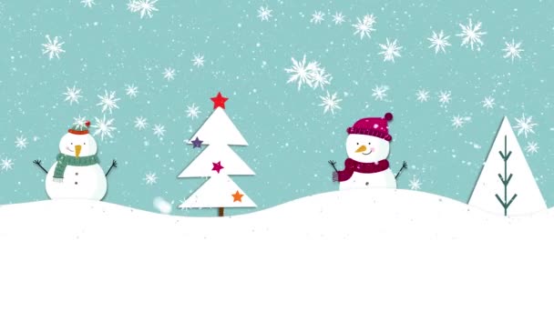 Анимация Зимних Пейзажей Двумя Счастливыми Снеговиками Рождественскими Деревьями Синем Фоне — стоковое видео