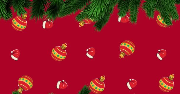 Анимация Рождественских Безделушек Шляп Санта Клауса Движущихся Еловой Веткой Красном — стоковое видео