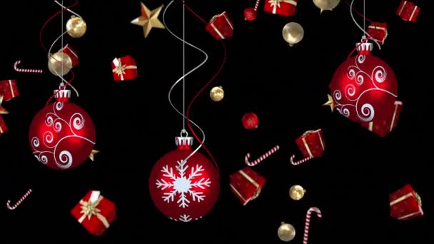 Animation Red Baubles Christmas Presents Decorations Falling Black Background Christmas — Stock Video