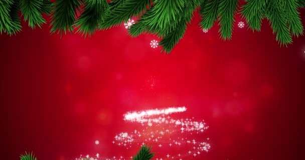 Анимация Рождественской Елки Ветки Елки Падающим Красный Фон Снегом Концепция — стоковое видео