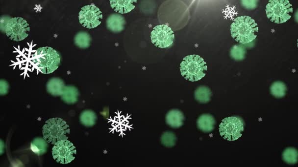 Анимация Зеленого Ковида Клеток Движущихся Зимней Сцене Снегом Падающим Черном — стоковое видео