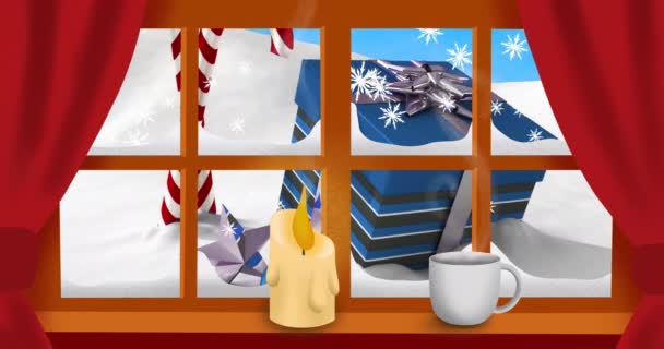 Animatie Van Kaars Kerststokjes Aanwezig Met Winterlandschap Gezien Door Raam — Stockvideo