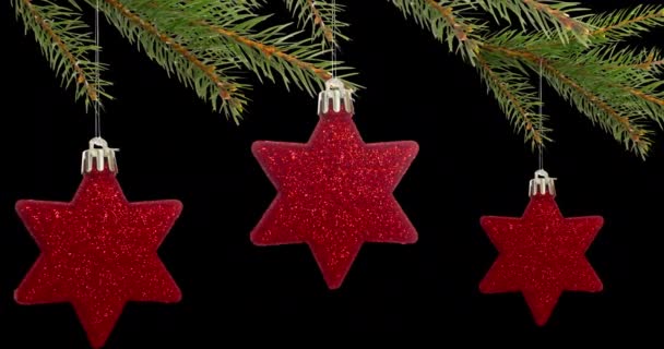 Animación Adornos Azules Plateados Navidad Adornos Estrellas Rojas Colgando Abeto — Vídeos de Stock