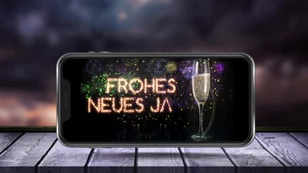 Animation Von Frostbeulen Und Einem Glas Champagner Auf Dem Smartphone — Stockvideo