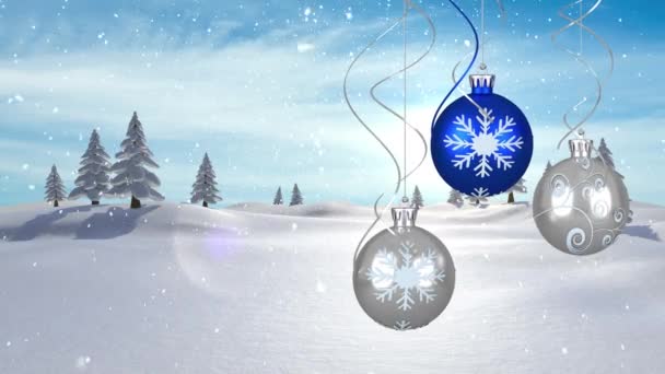 Animacja Bożego Narodzenia Niebiesko Srebrne Bombki Wiszące Opadającym Śniegiem Zimowym — Wideo stockowe