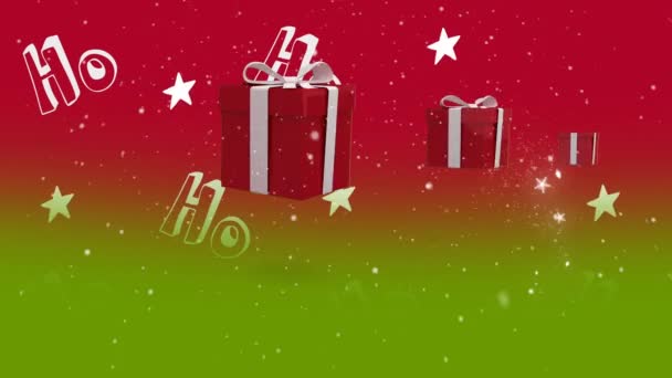 Animação Texto Presentes Natal Estrelas Neve Caindo Sobre Fundo Vermelho — Vídeo de Stock