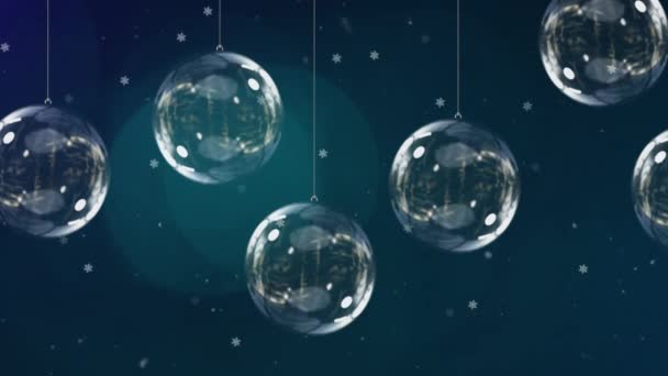 Animatie Van Zes Heldere Kerstballen Met Flikkerende Lichtjes Sneeuw Blauwe — Stockvideo