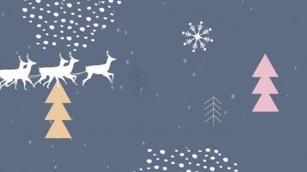 Анимация Силуэта Санта Клауса Санях Тянущейся Северными Оленями Рождественскими Деревьями — стоковое видео