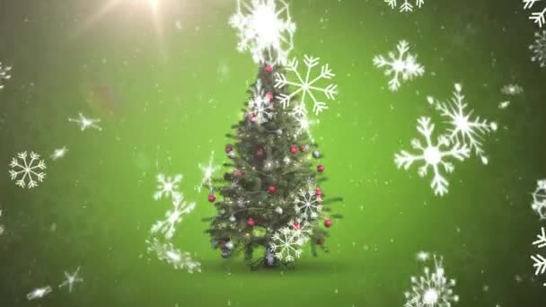Digitální Animace Sněhových Vloček Padajících Proti Jasnému Světlu Vánočnímu Stromku — Stock video