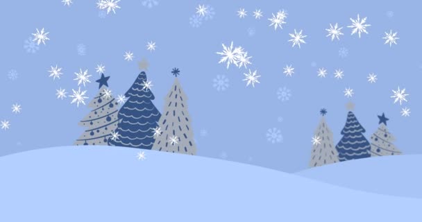 Cyfrowa Animacja Płatków Śniegu Spadających Wiele Choinek Zimowym Krajobrazie Koncepcja — Wideo stockowe