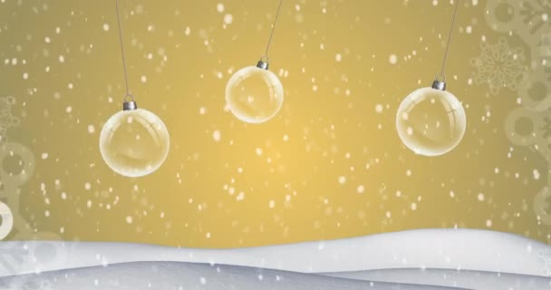Animáció Karácsony Tiszta Baubles Lóg Lóg Esik Sárga Háttér Karácsonyi — Stock videók