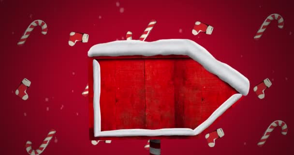 Анимация Красной Вывески Покрытой Снегом Рождественские Чулки Леденцы Падающие Красный — стоковое видео