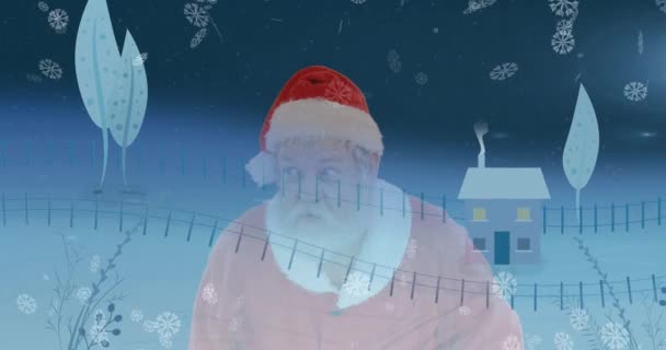 Animatie Van Kerstman Met Winterlandschap Sneeuw Vallen Achtergrond Kerstfeest Viering — Stockvideo