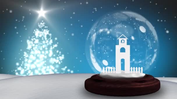 Animáció Hógömb Hóesés Templom Torony Karácsonyfa Kék Háttér Karácsonyi Ünnepség — Stock videók