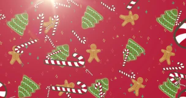Animatie Van Kerstbomen Peperkoek Mannen Suikerriet Vallen Rode Achtergrond Kerstfeest — Stockvideo